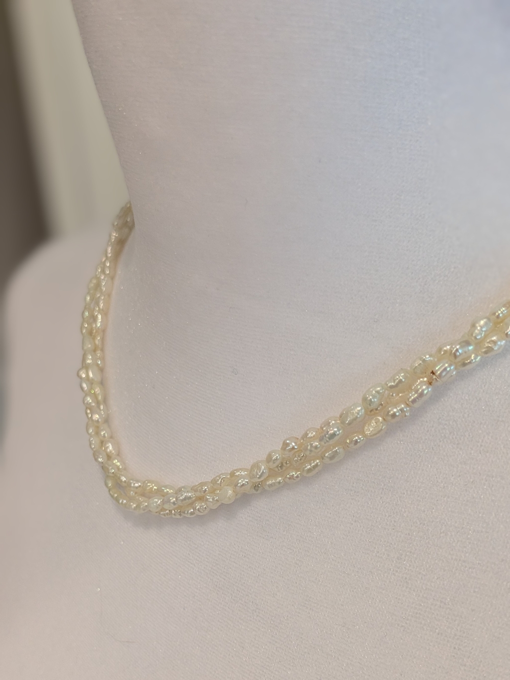 Vintage Freshwater Rice Seed 3 Strand Pearl Necklace 24" 14K Gold Clasp